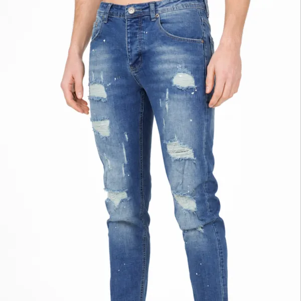 Modern Distressed Slim Fit Paint Splatter Five Pocket Jeans