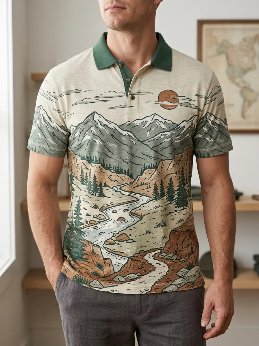 Men's Nature Adventure Mountain River Printed Polo Shirt