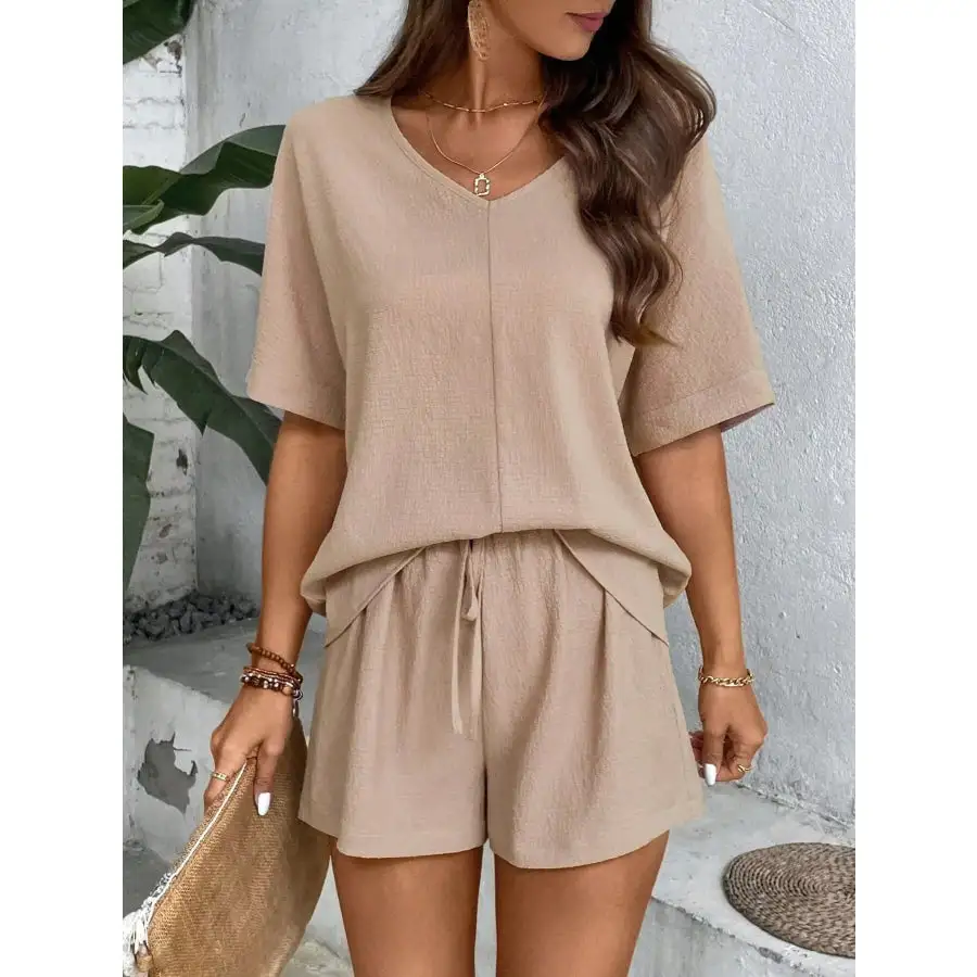 Relaxed Fit V Neck Top and Shorts Two Piece Set