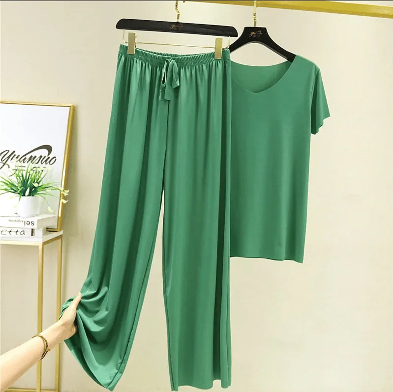 (💥48 % OFF)Soft Comfortable Ice Silk Short Sleeve T-Shirt Two Piece Set Loose Wide-leg Pants