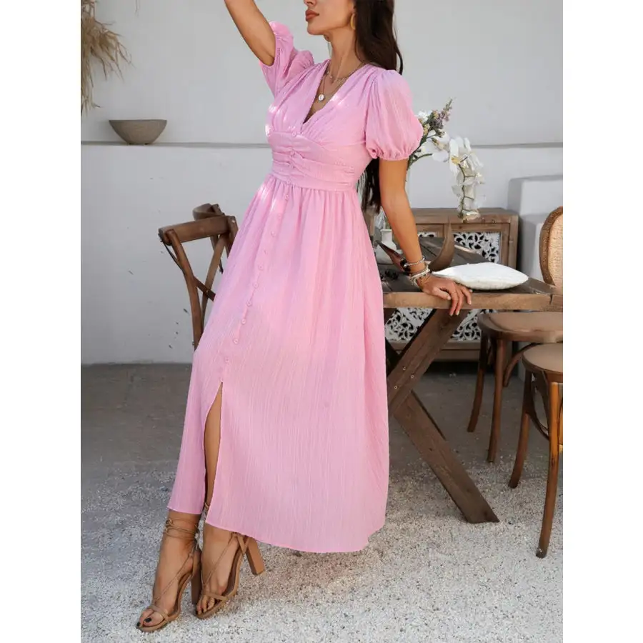V-Neck Puff Short Sleeve Midi Dress