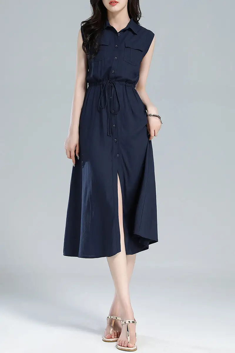 Linen Shirt Sleeveless Midi Dress