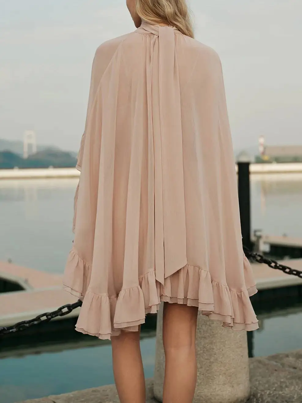 Semi Sheer Chiffon Ruffle Cape Mini Dress
