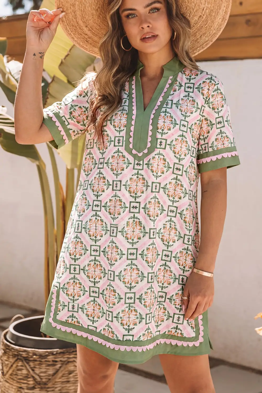 Floral Geometric Print Short Sleeve Mini Dress