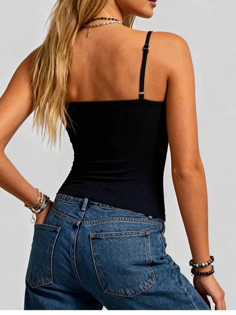 Contrast Trim Scoop Neck Faux Button Corset Cami Top