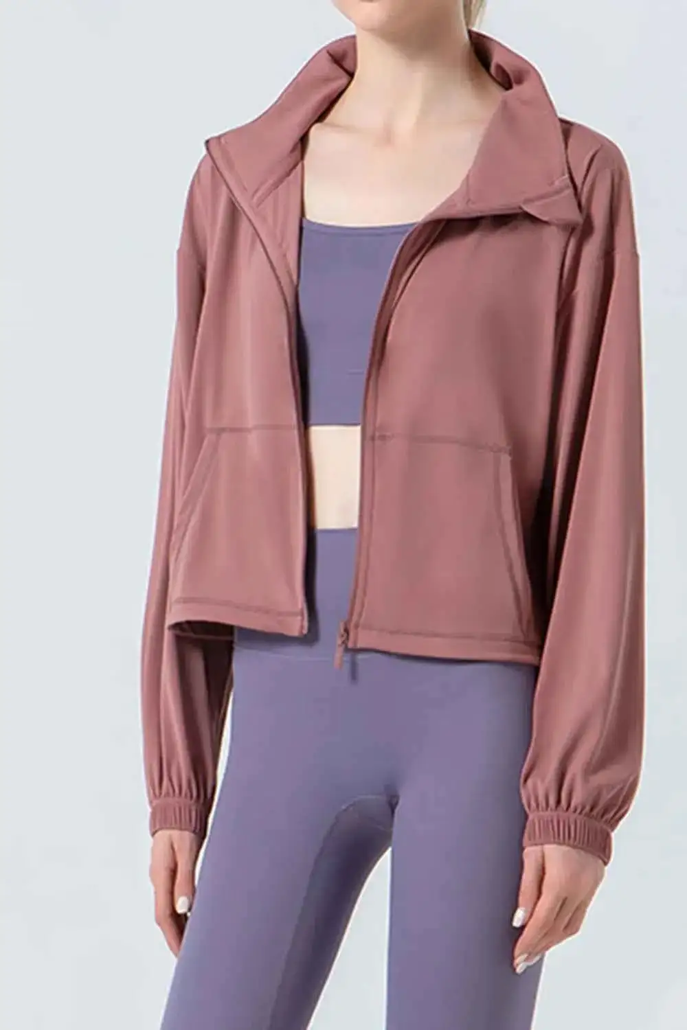 Drawstring Zip-Up Dropped Shoulder Active Outerwear