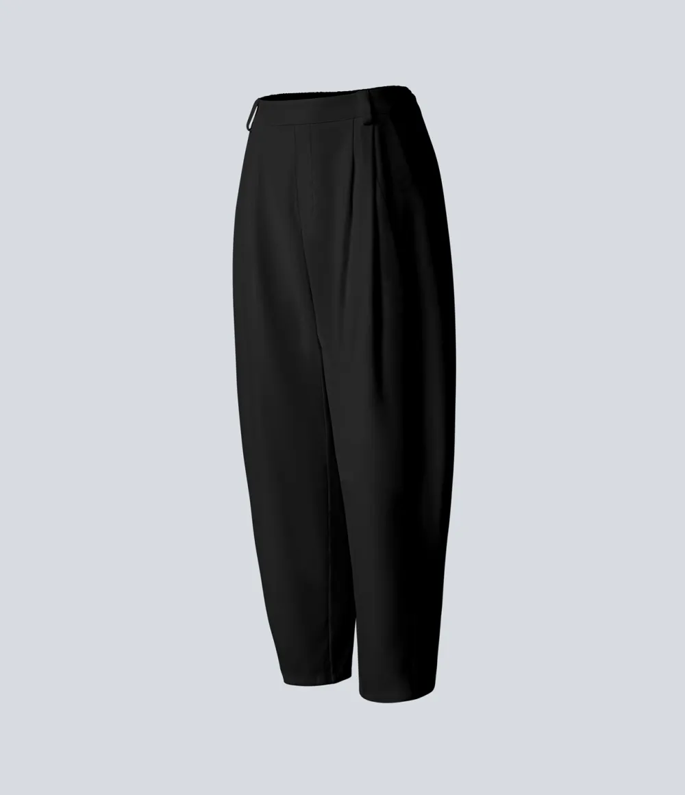 Mid Rise Plicated Side Pocket Barrel Leg Work Pants