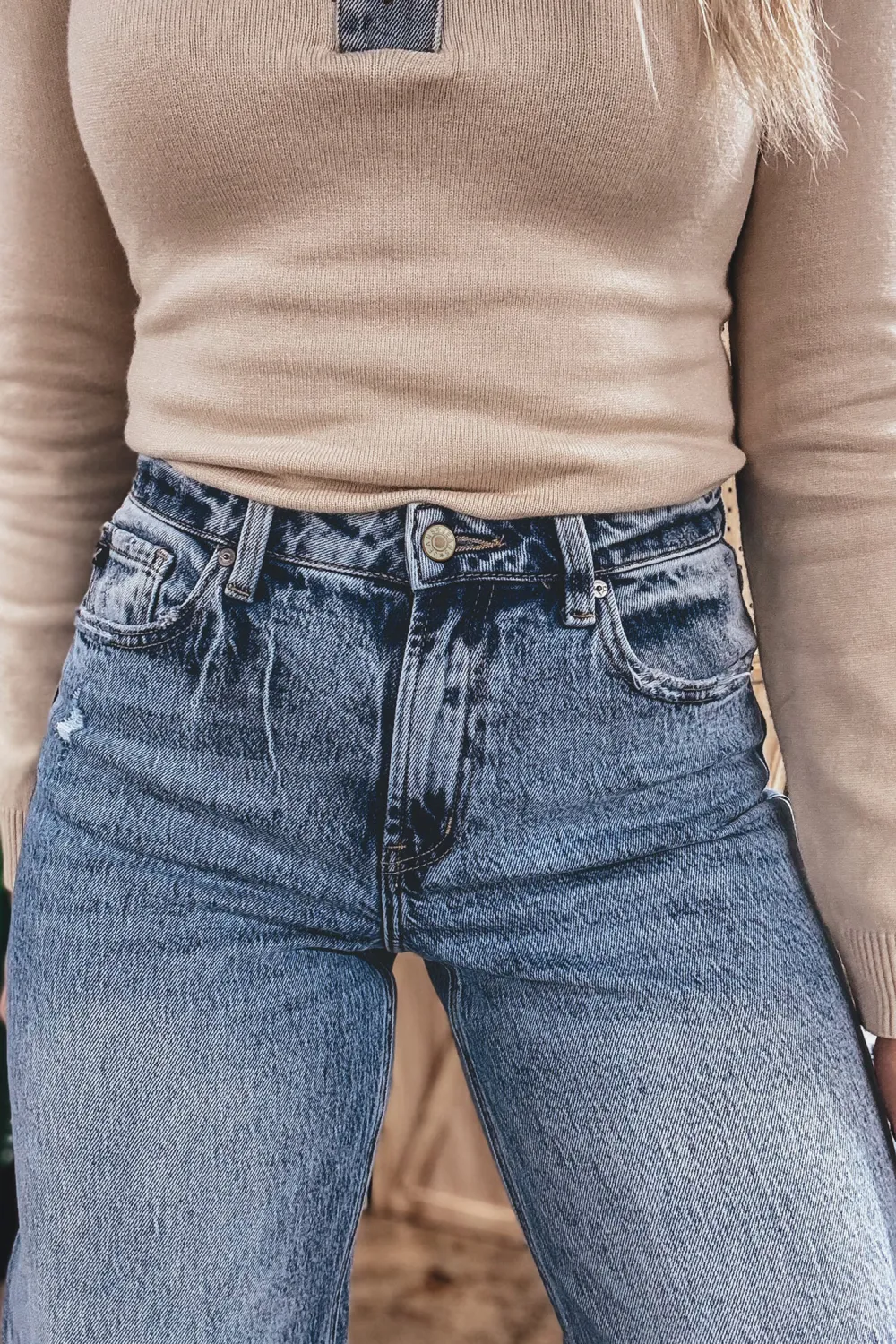 Washed Blue Cuffed Straight Jeans