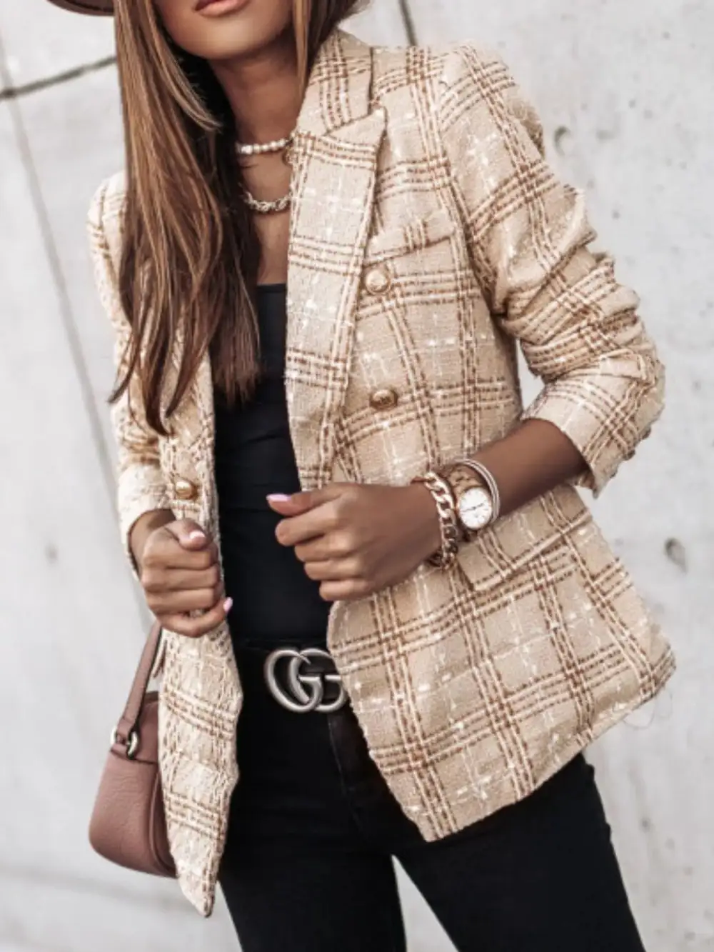 Double-Breasted Plaid Tweed Blazer