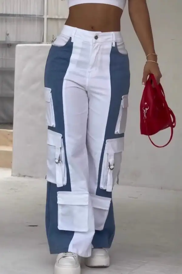Patchwork Colorblock Multi-Pocket Straight Leg Jeans