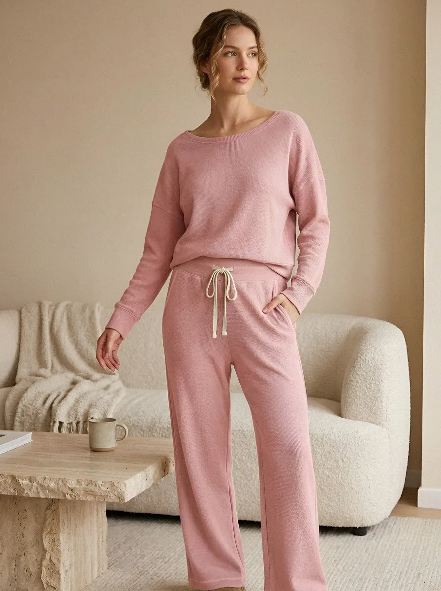 Women's Casual Loungewear Sage Green Waffle Knit Pajama Set