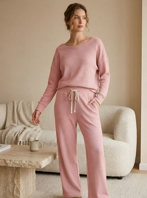 Women's Casual Loungewear Sage Green Waffle Knit Pajama Set
