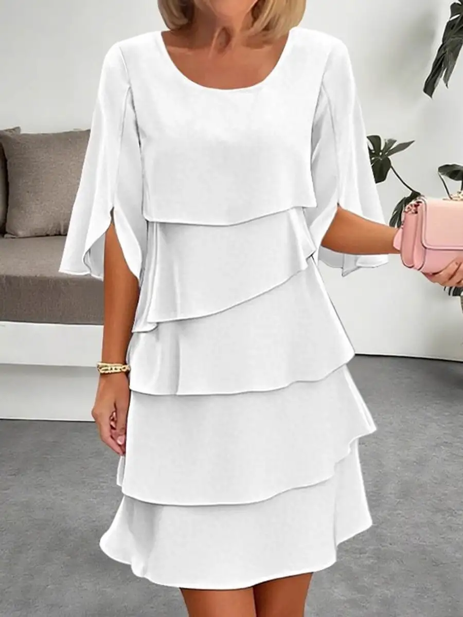 Half Sleeve Relaxed Layered Ruffle Solid Color Split Joint Round Neck