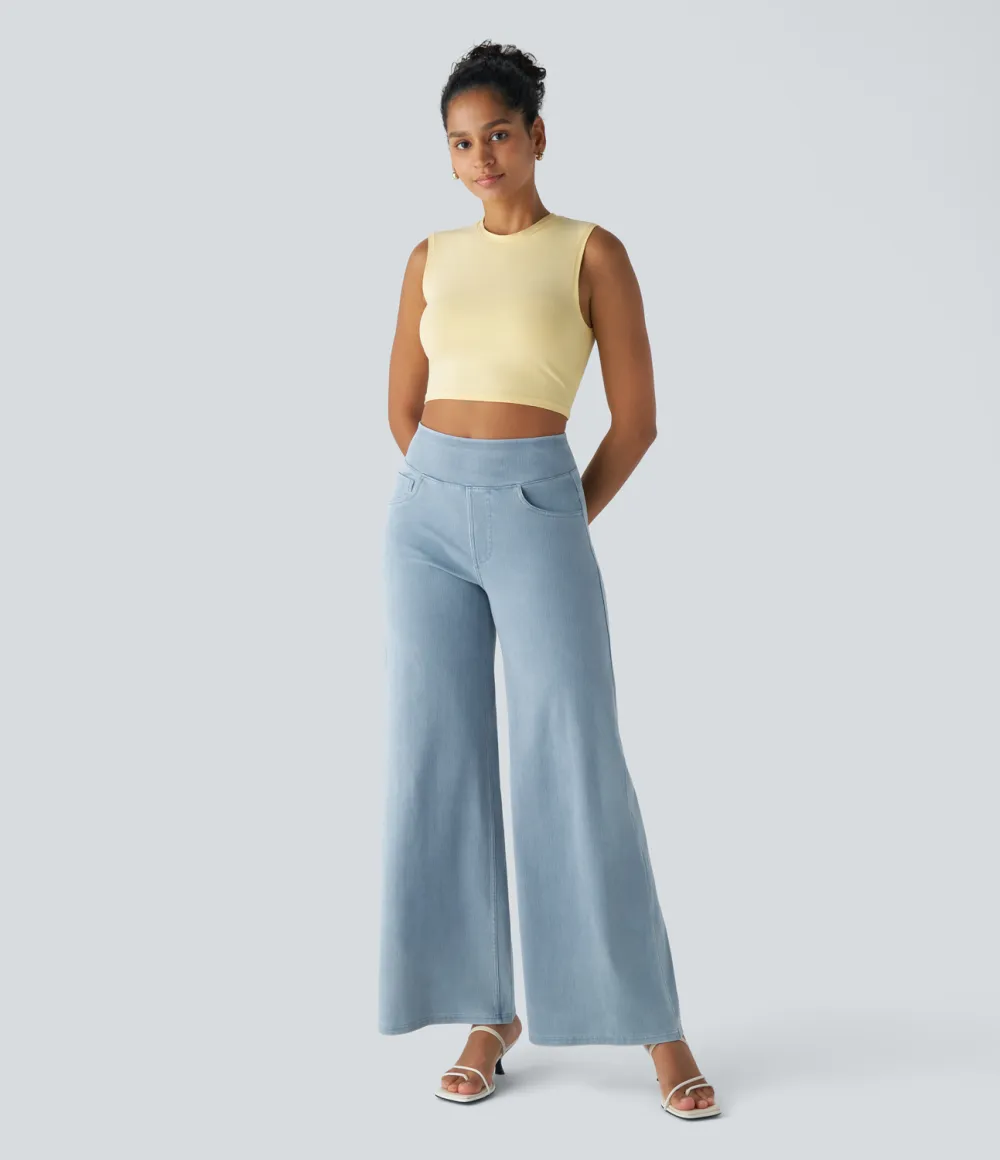 Magic High Waisted Multiple Pockets Wide Leg Loose Stretchy Knit Work Jeans