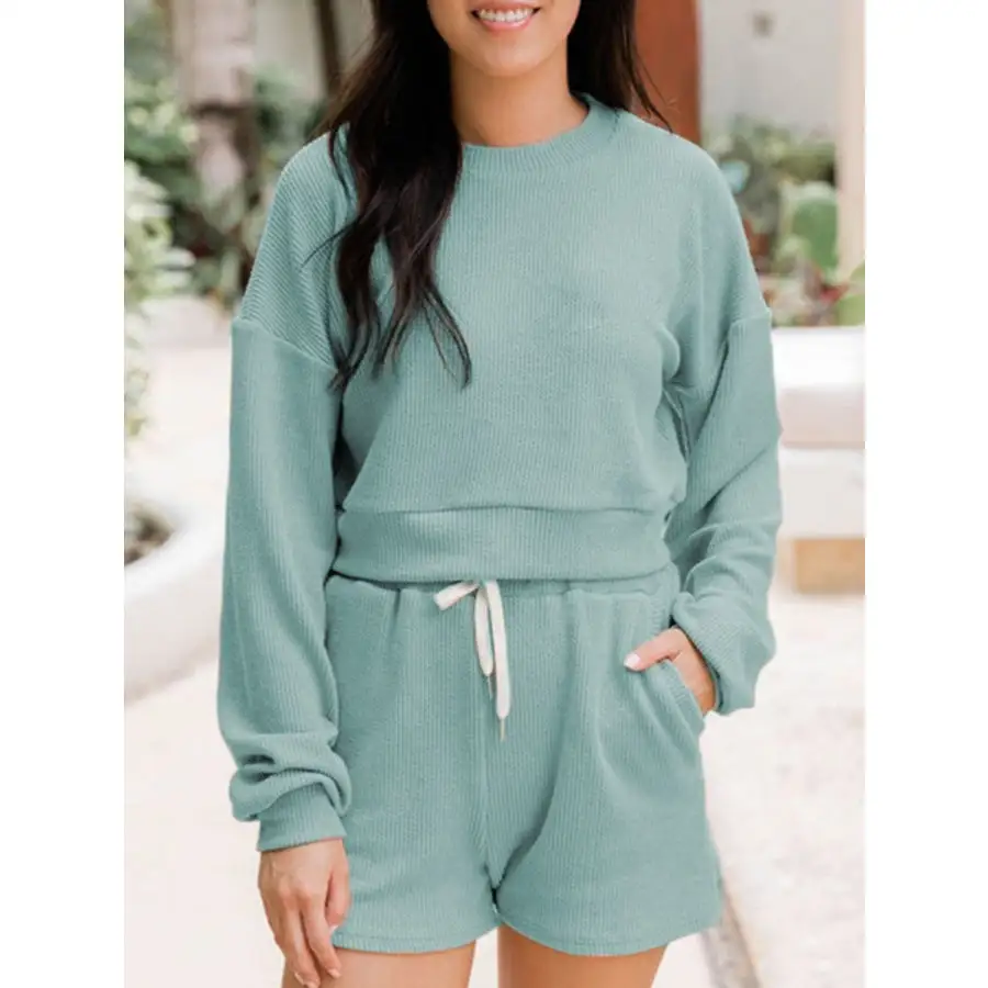 Ribbed Round Neck Long Sleeve Top and Shorts Set