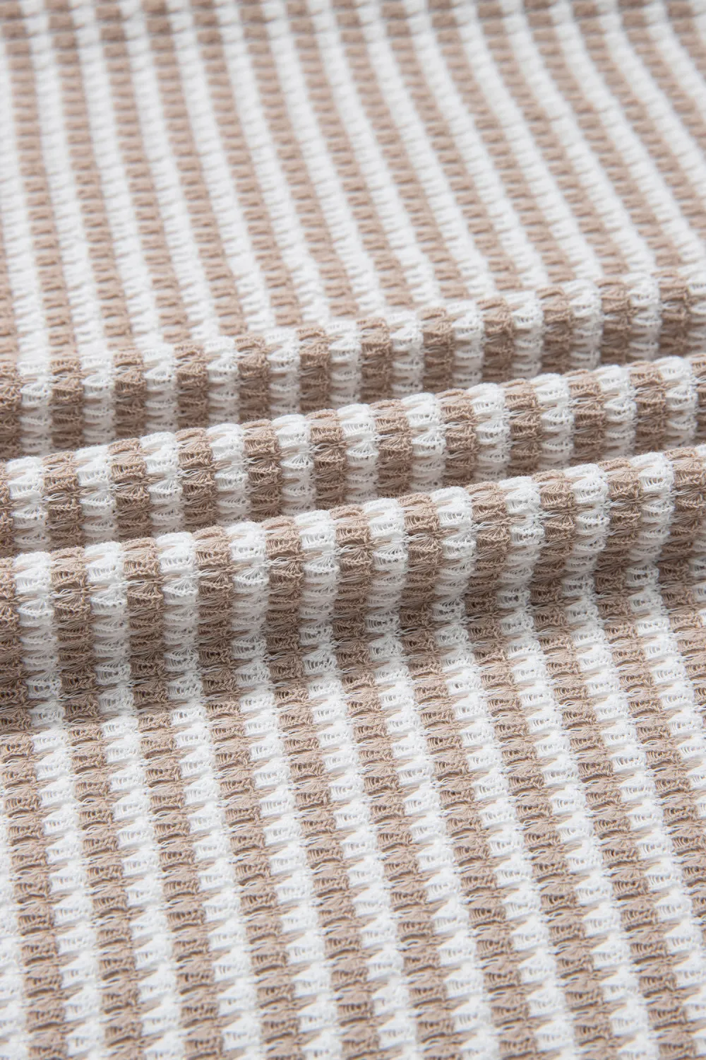 Beige Striped Textured Knit V Neck Top