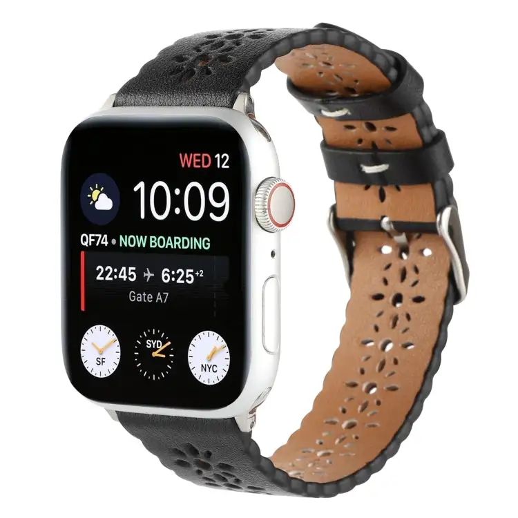Hollow Genuine Leather Watch Band for Watch Series 9 & 8 & 7 41 mm / SE 3 & SE 2 & 6 & SE & 5 & 4 40 mm / 3 & 2 & 1 38 mm - Black