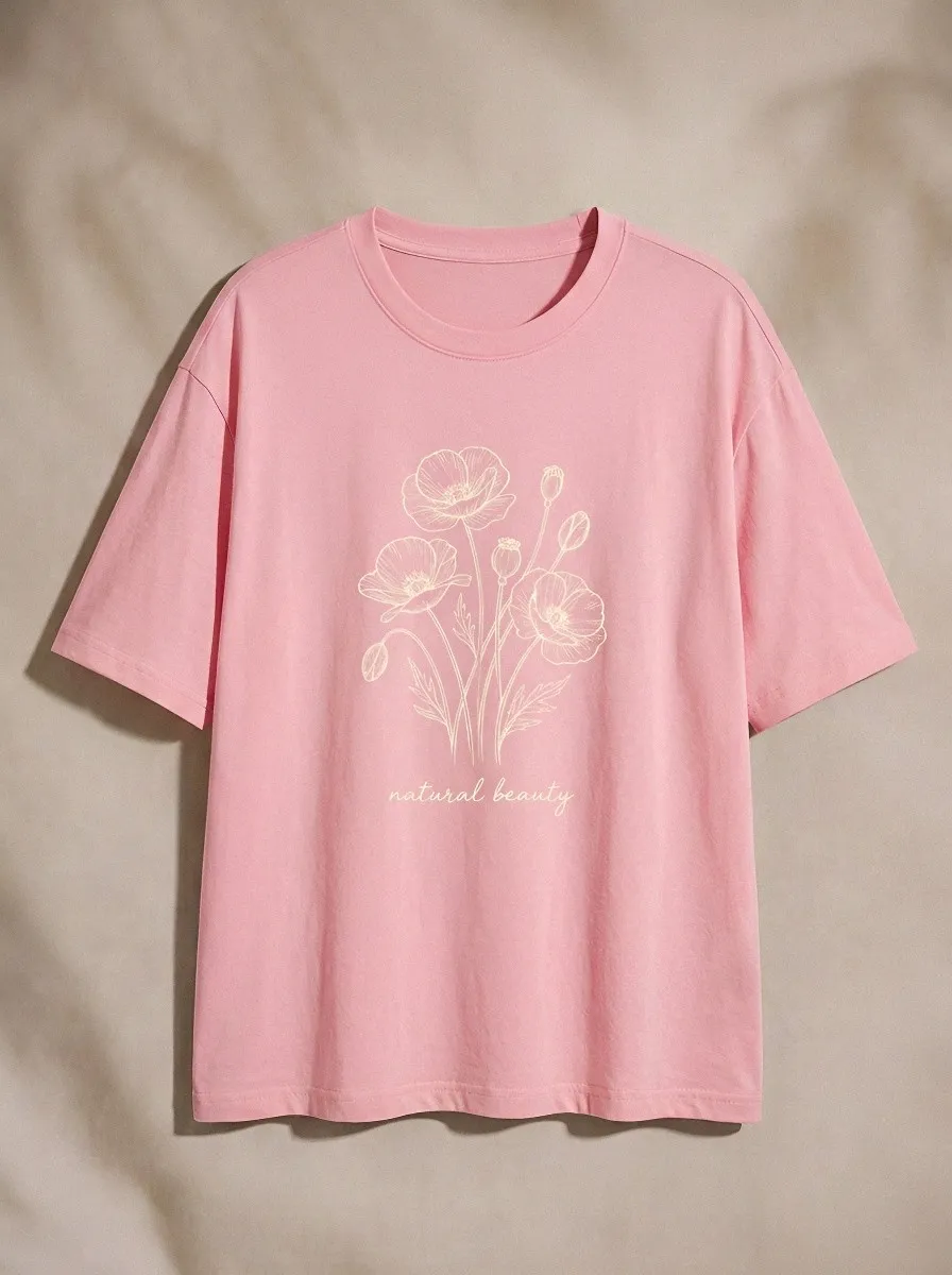 Women's Botanical Nature Lover Poppy Flower Printed T-shirt