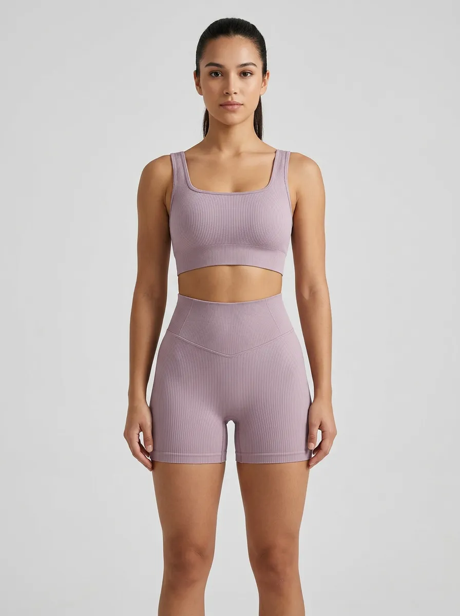 Easy-Wear Ribbed Texture Seamless Design Detail Women's Tank Top And Sports Shorts Set