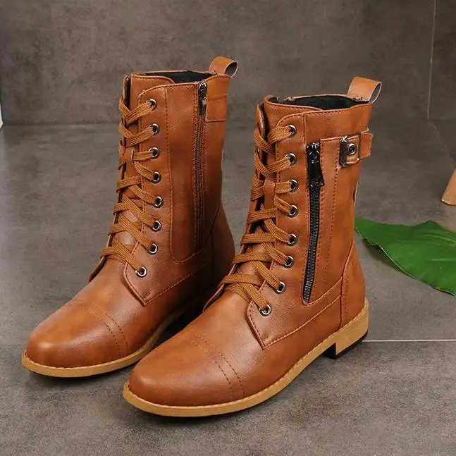 Low-Heel Lace-Up Mid-Calf Biker Boots
