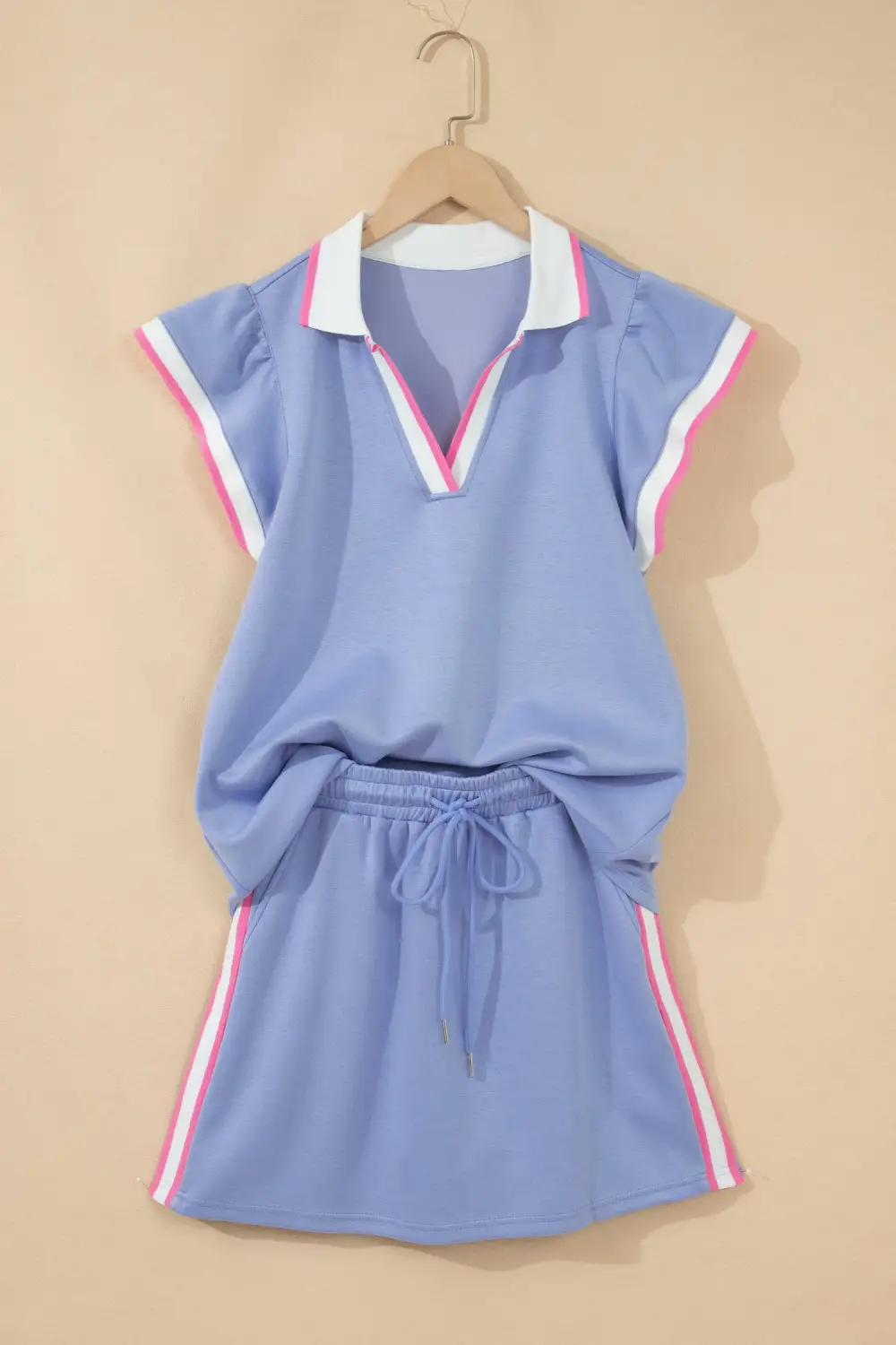Women's Preppy Striped Trim V Neck Polo Tee Drawstring Skort Set