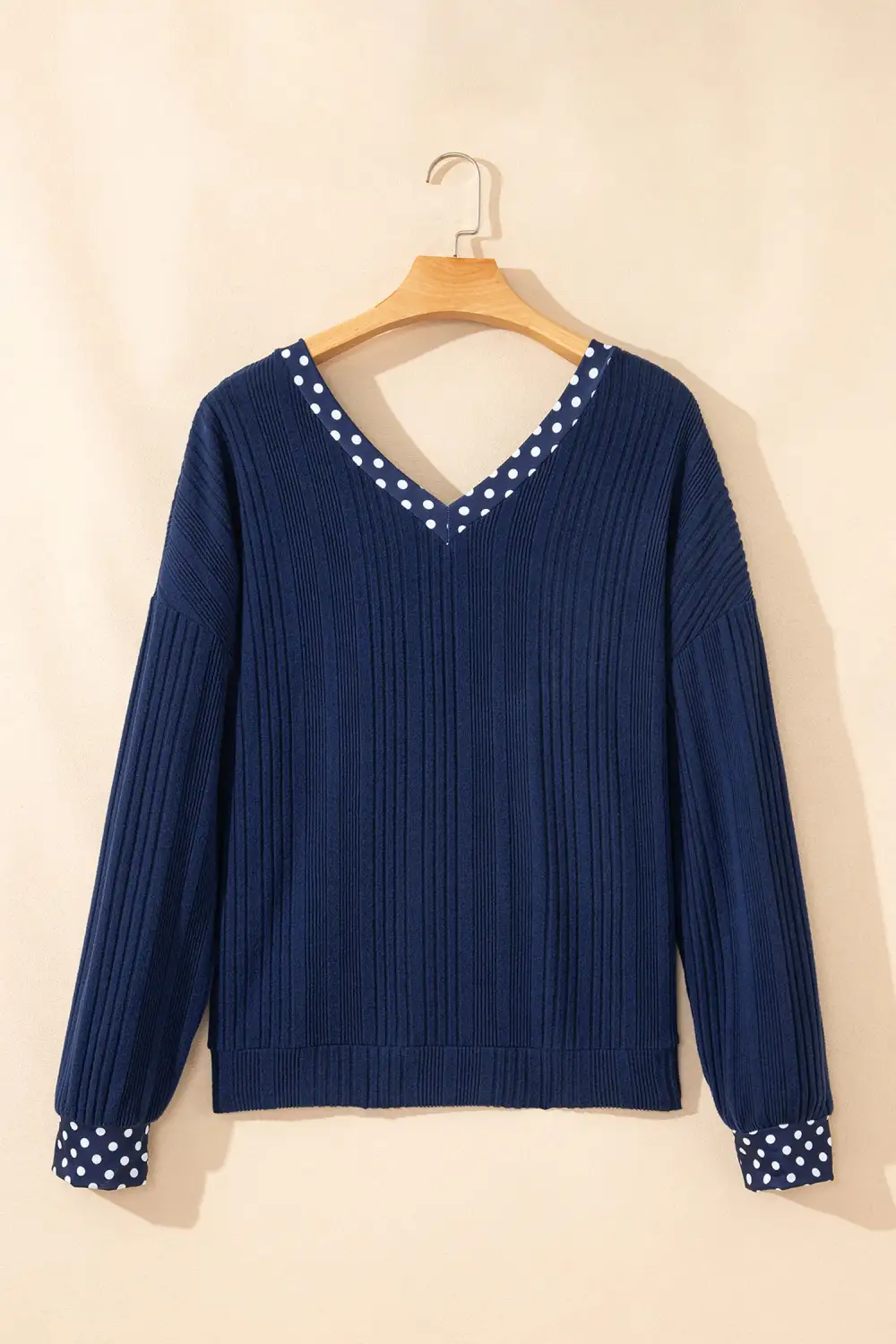 Polka Dot Deep V Neck Ribbed Relaxed Stretch Fabric Long Sleeve Top