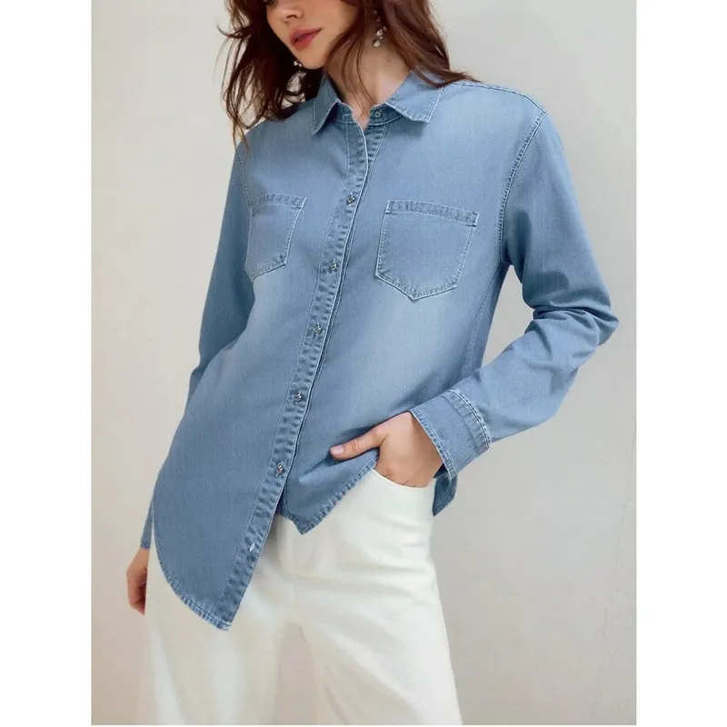 Plus Size Button-Up Long-Sleeve Denim Shirt