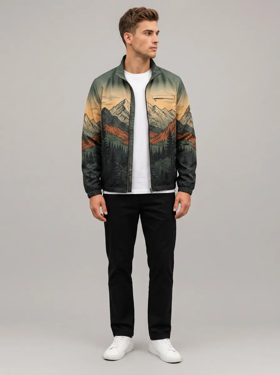 Men's Zip Pocket Landscape Print Zip-Up Jacket