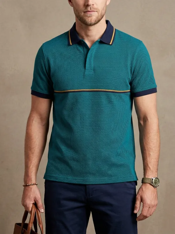 Men's Green Contrast Stripe Textured Printed Polo Shirt