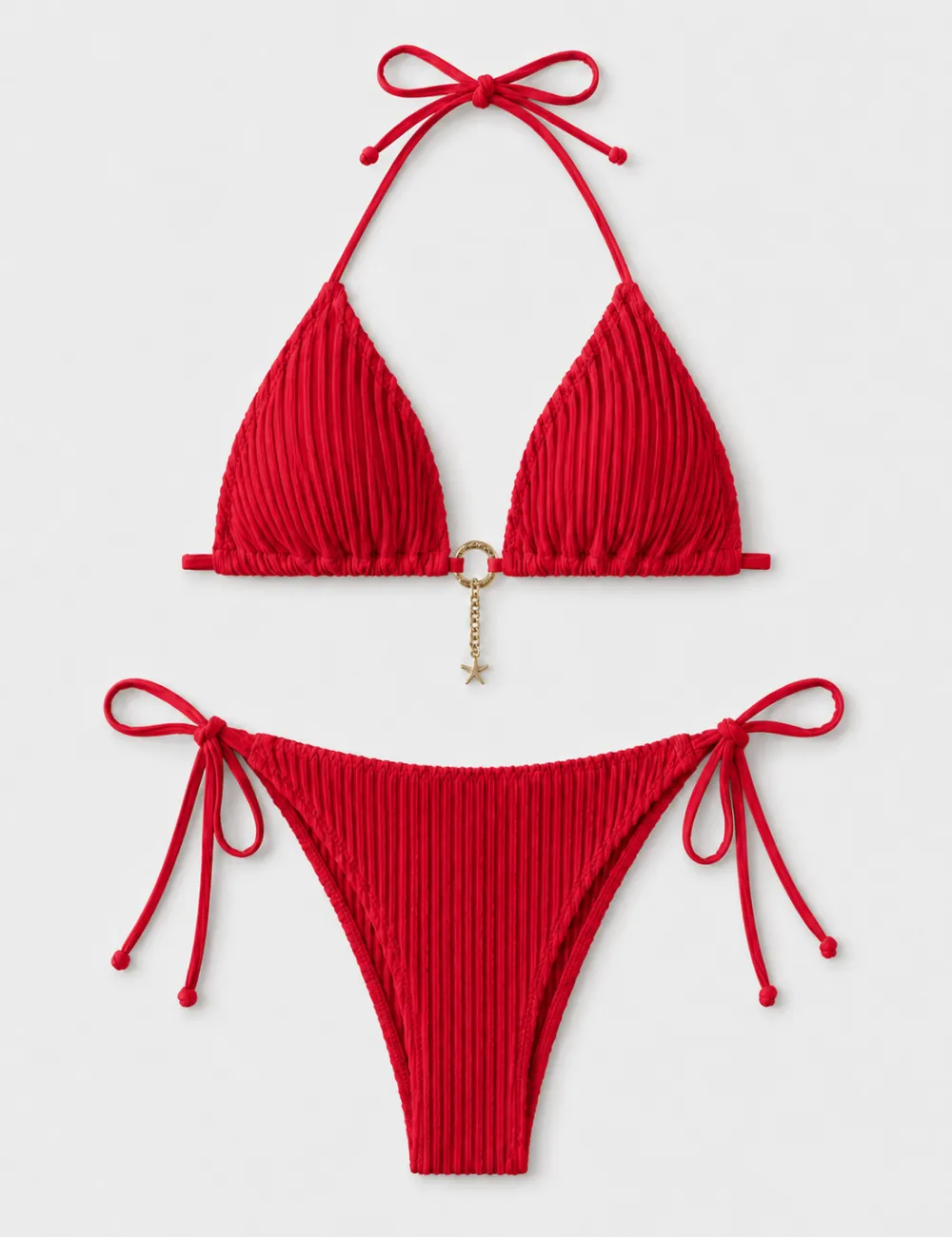Vertical Texture Halter Neck Triangle Bikini Set