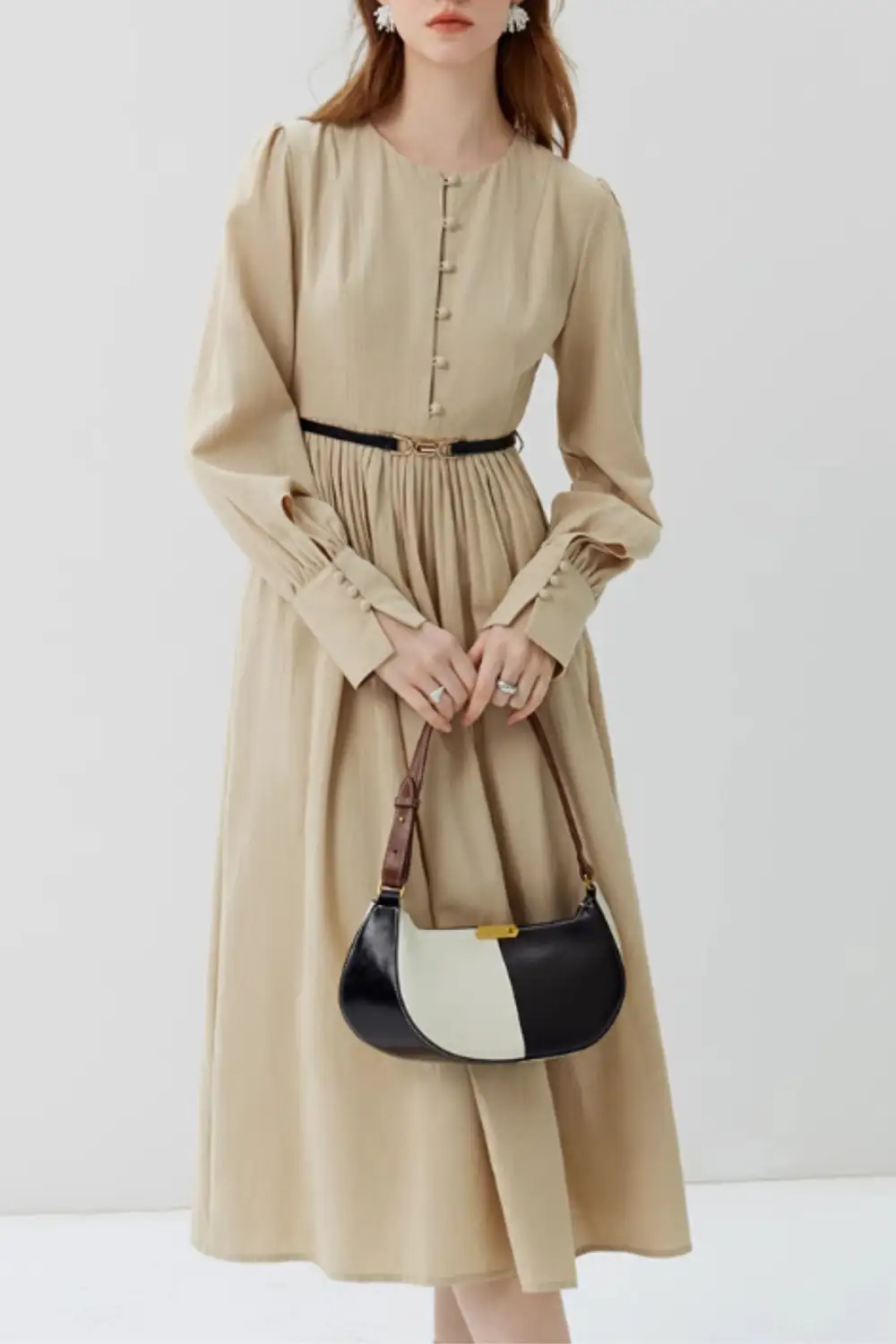 Refined Cotton Blend Long Sleeve Midi Dress
