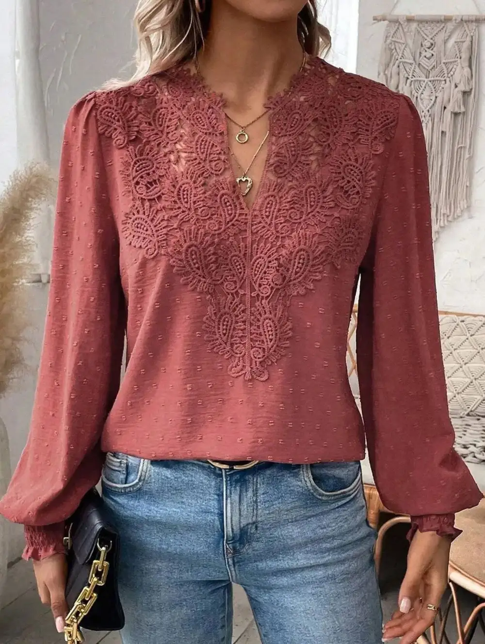 Breezy Lace Detail V Neck Blouse