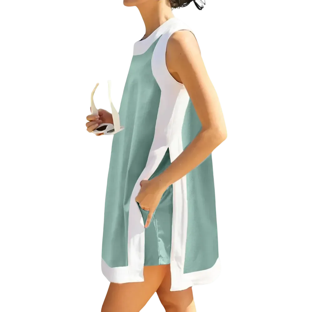 Women’s Color-Blocked Sleeveless Pullover and Shorts Set with Pockets