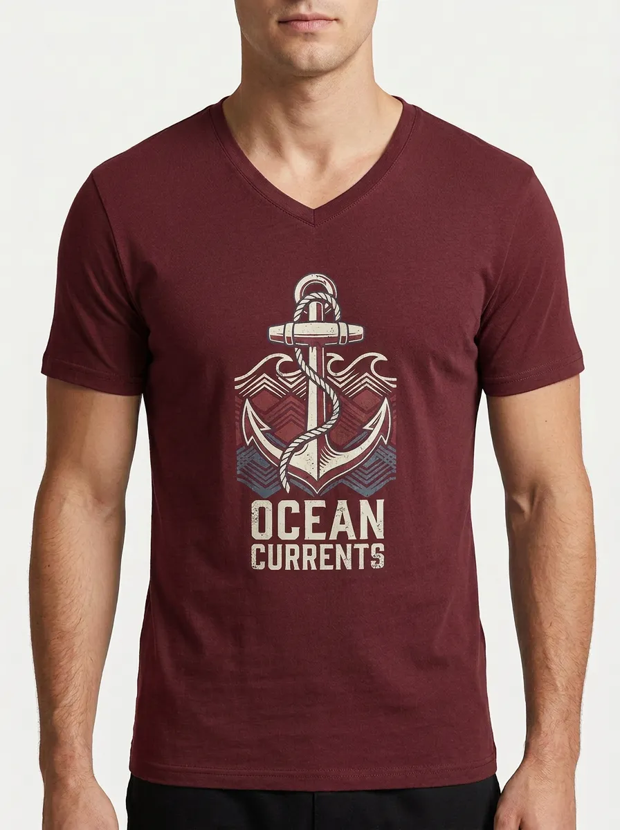 Men's Nautical Ocean Currents Anchor Printed V-Neck T-Shirt