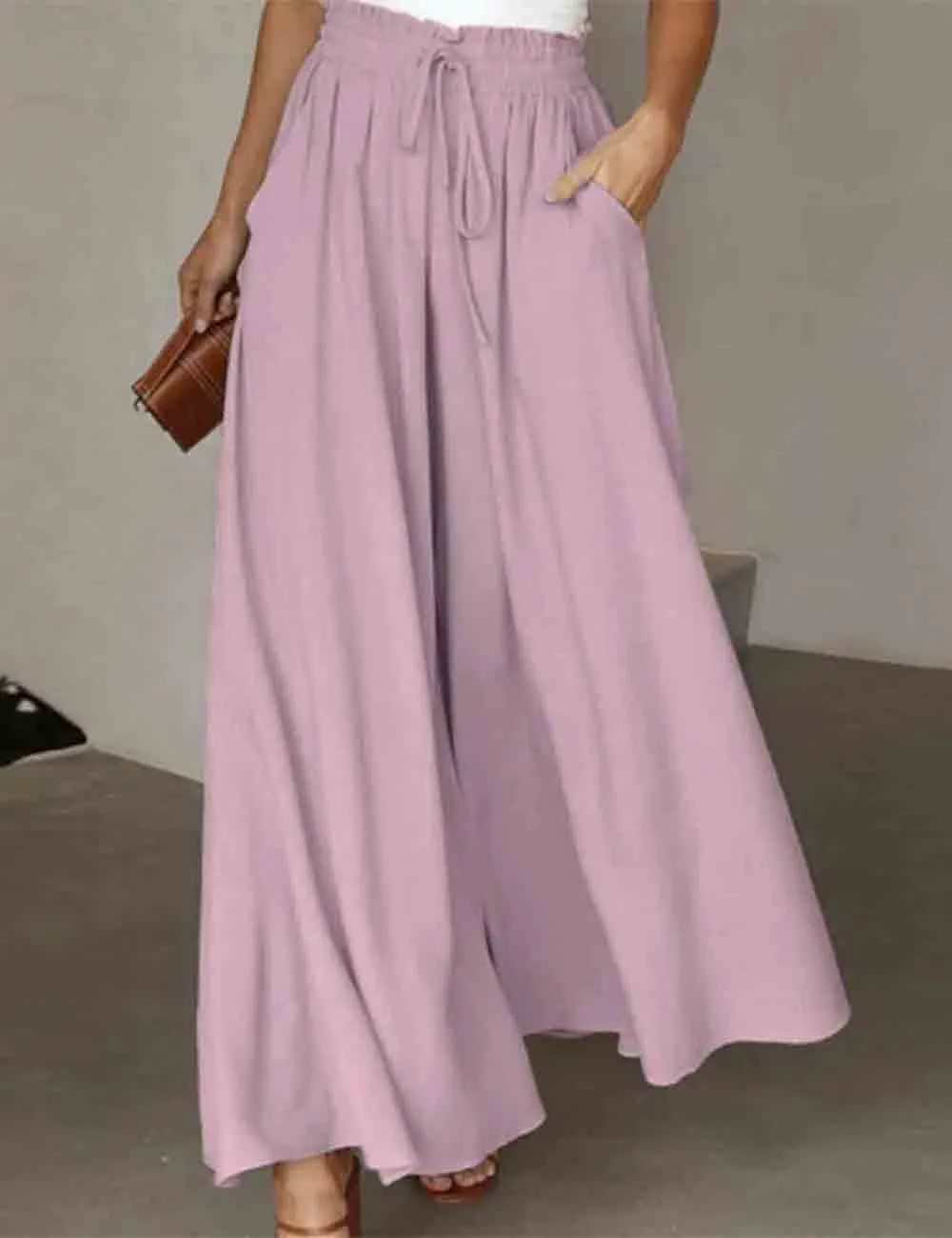 Elastic Waist Tie Wide Leg Pants