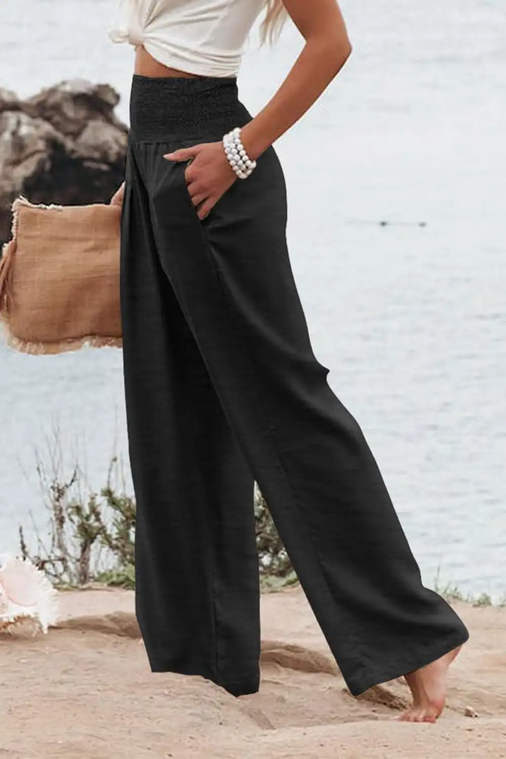 Shirred High Rise Plus Wide Leg Pants