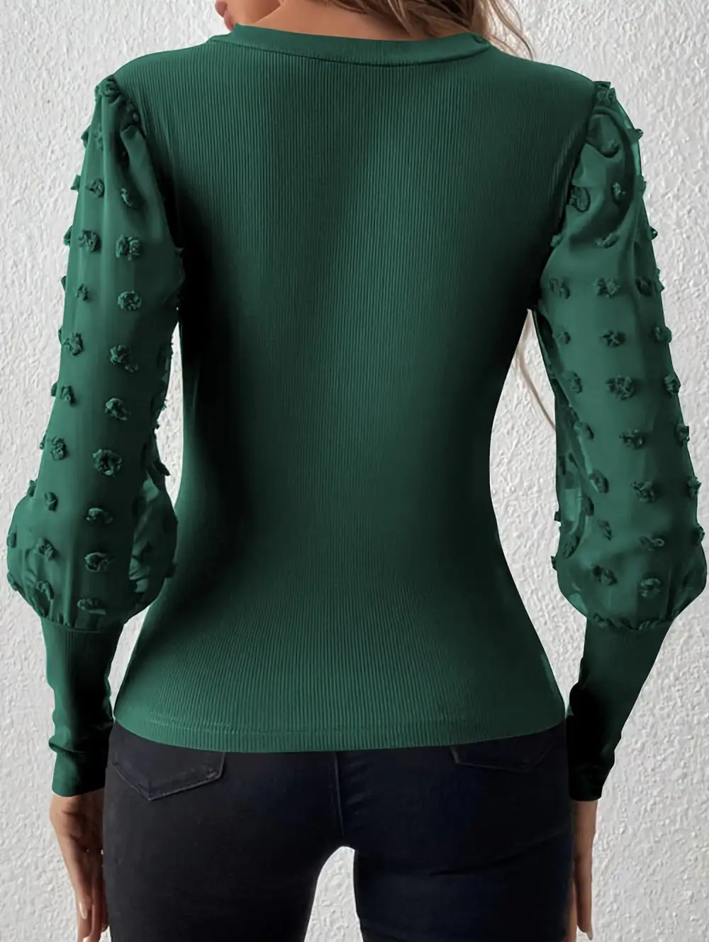 Ribbed V-Neck Chiffon Sleeve Top