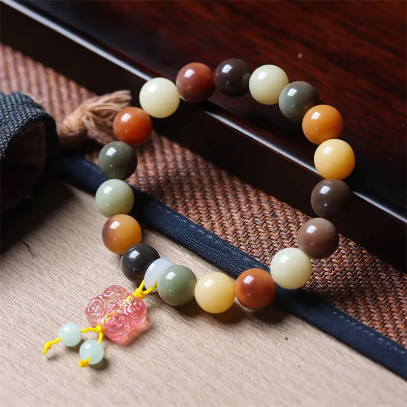 Natural Gradient Bodhi Seed Liuli Glass Charm Bracelet