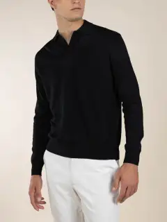Cashmere Merino Blend Buttonless Slim Fit Knit Construction Detail Polo Shirt