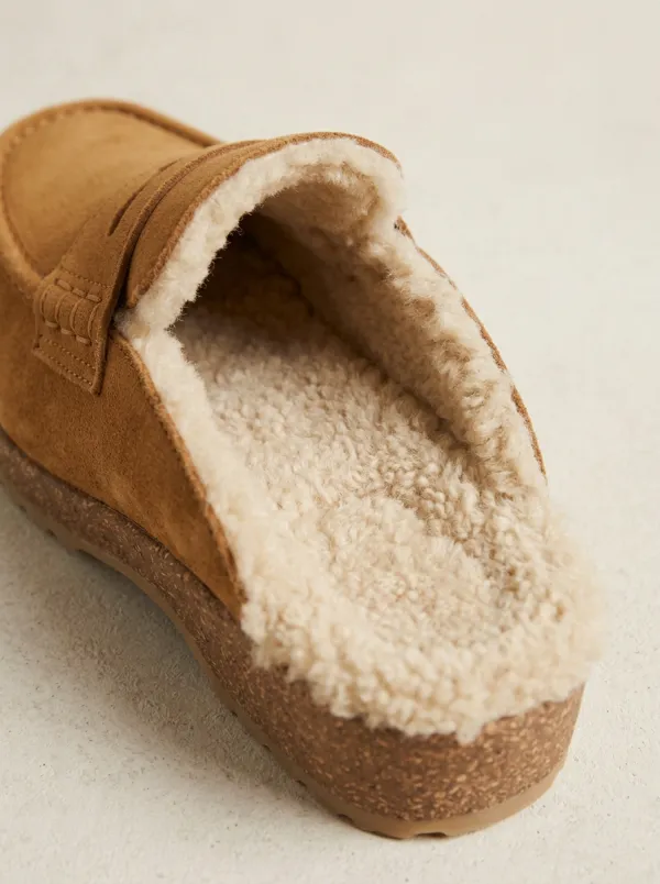 Women's Field Faux Fur Lined Casual Suede Wood Sole Loafers