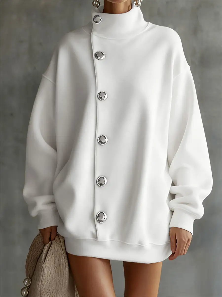 Long Sleeve Relaxed Solid Color Split Joint High Neck Mini Dress