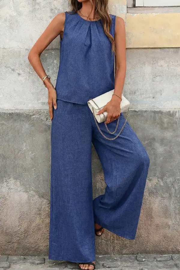 Color Round Neck Casual Two Piece Set
