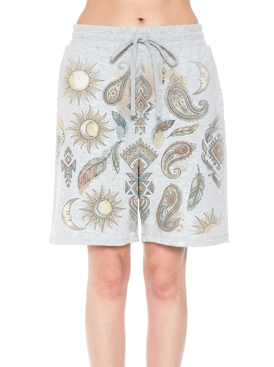 Women's Celestial Boho Sun Moon Feather Paisley Graphic Shorts