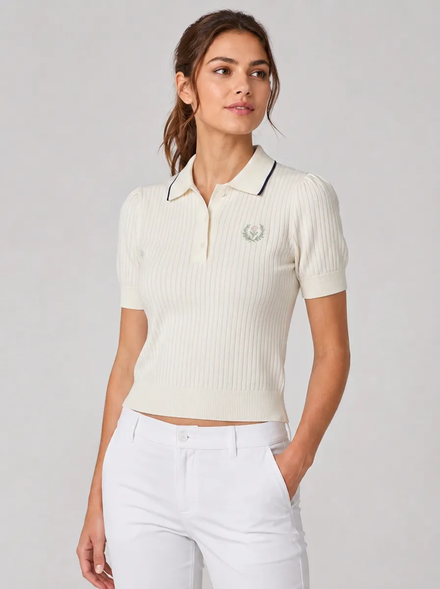 Women's Equestrian Lover Wreath Floral Embroidered Ribbed Polo Shirt