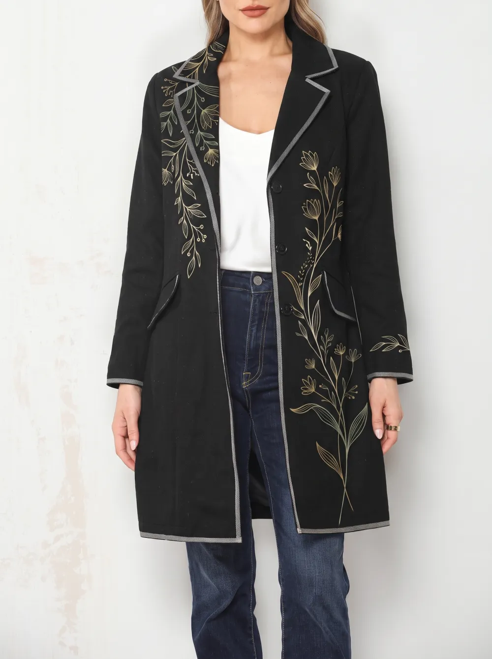 Women's Floral Botanical Gold Printed Longline Blazer Jacket