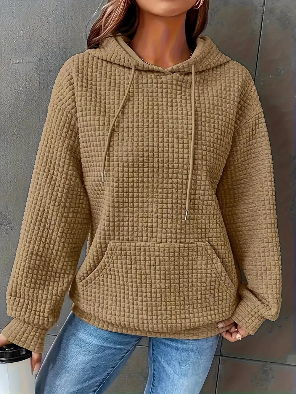 Drawstring Pocketed Textured Knit Hoodie