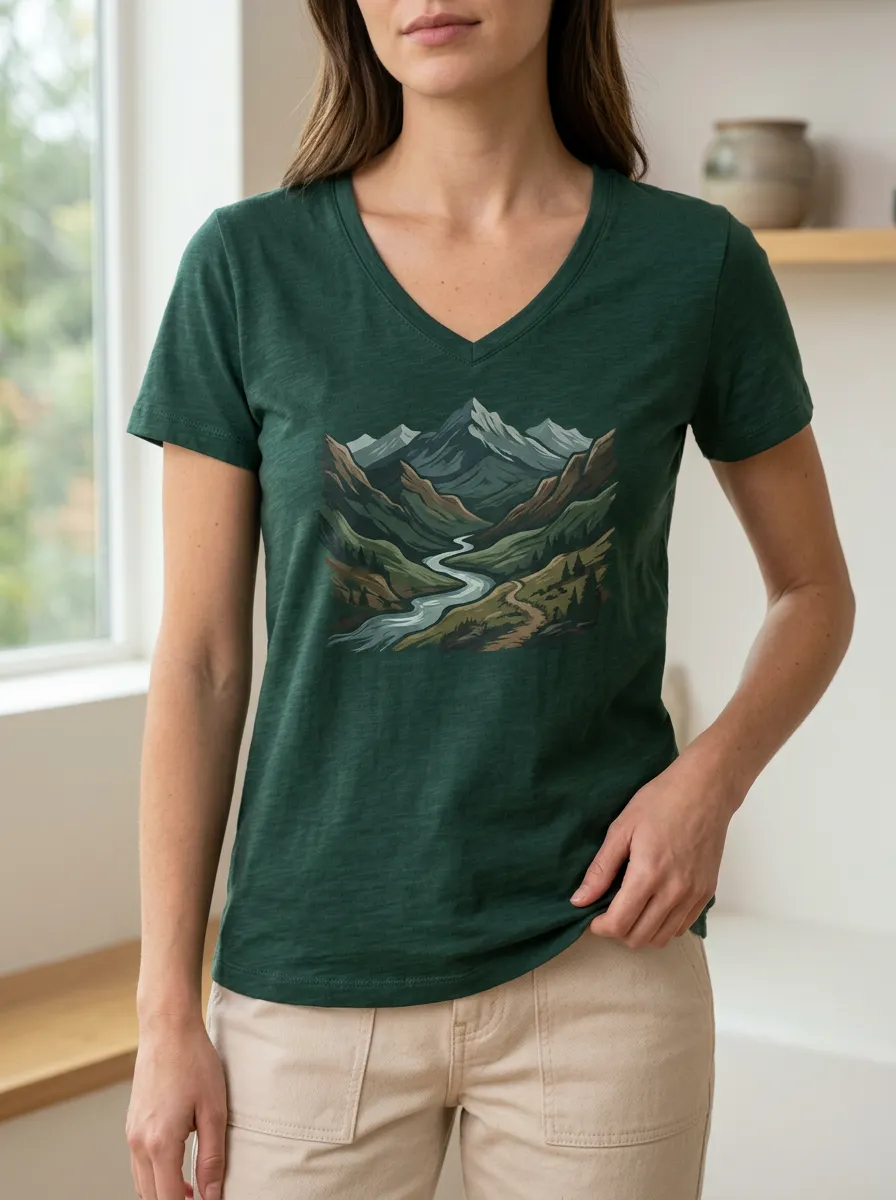 Women's Wilderness Nature Lover Mountain River V-Neck T-Shirt