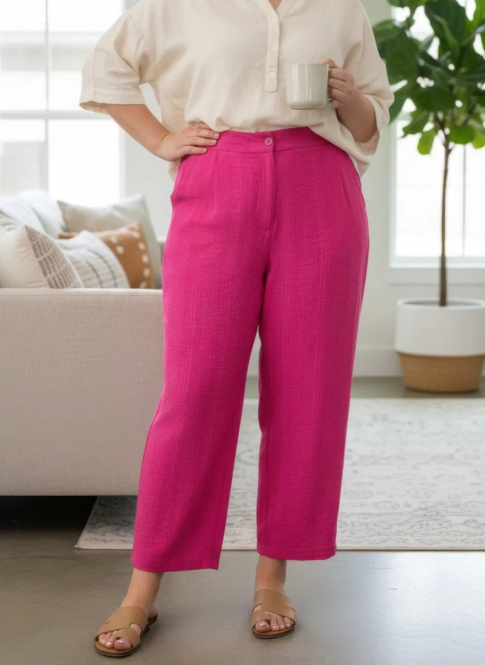 High-Rise Linen-Blend Straight Leg Pants