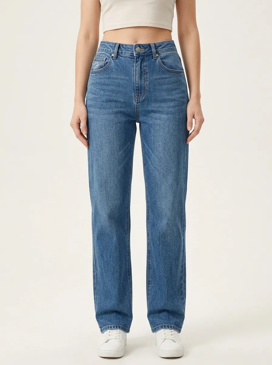 Women's Whiskered Faded High-Rise Straight-Leg Jeans