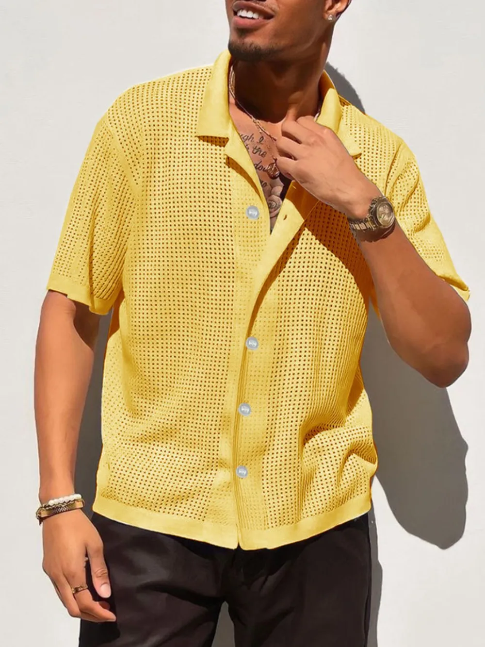 Button Down Openwork Collared Shirt
